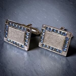 Vintage Dante Cufflinks Mens Silver Tone Brushed Aqua Glass Jewels Bullet Back